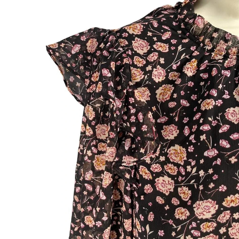 Rachel Zoe Blouse Womens Medium Black Pink Ruffle‎ Collar Trim Chiffon Top - Picture 4 of 12